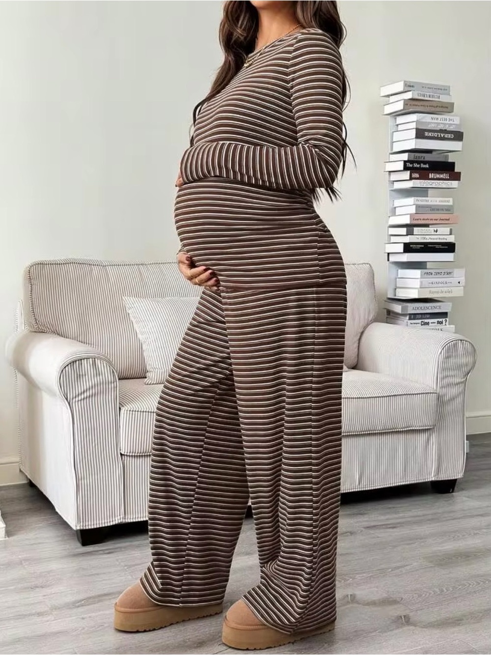 SHEIN Brown and White Striped Maternity Lounge Set size large 8/10